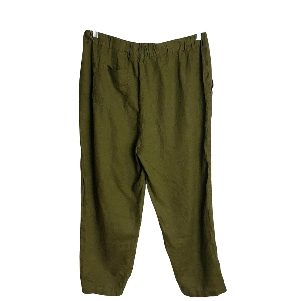 Quince Womens European Linen Pants Sz L Olive Green High Rise Cropped Relaxed